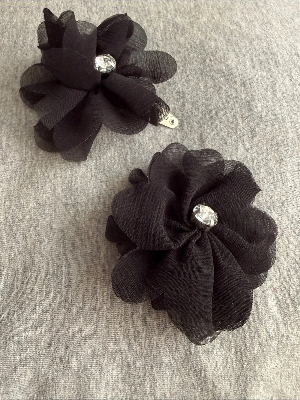 Set of 2 Black Floral Fabric Hair Clips with Rhinestone Accent